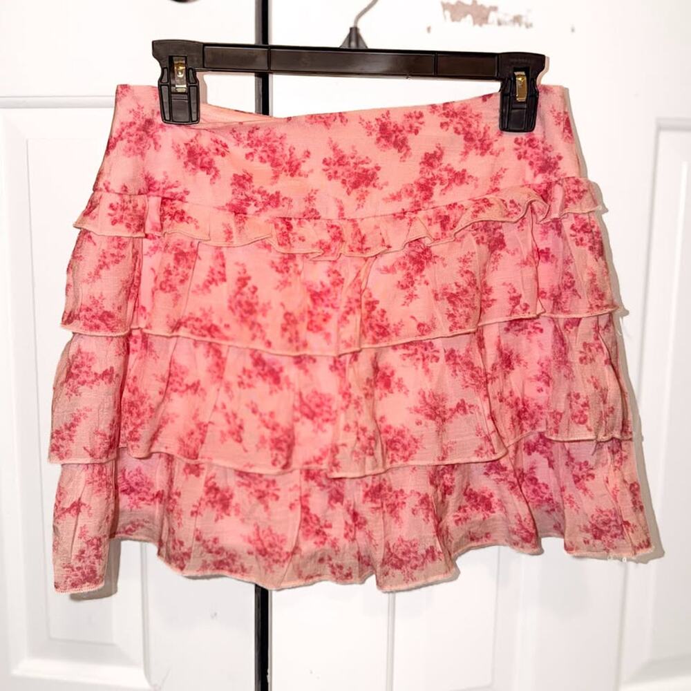 Altar'd State Pink Floral Tiered Ruffle Mini Skirt Size Medium